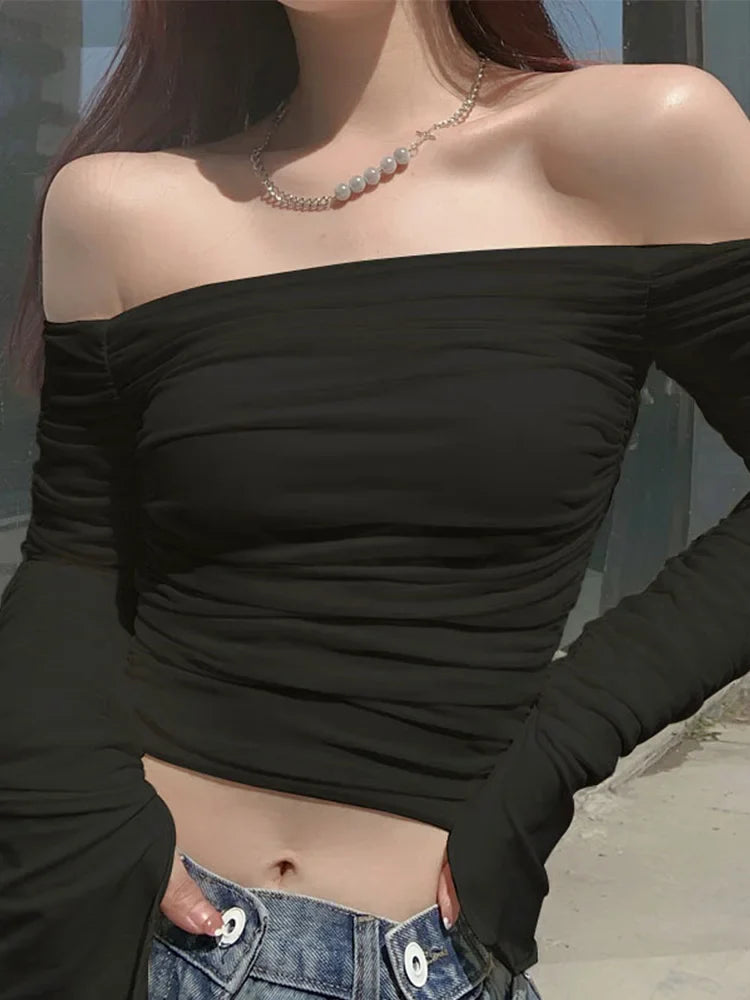 Mesh Patchwork Ruched Off-Shoulder Strapless