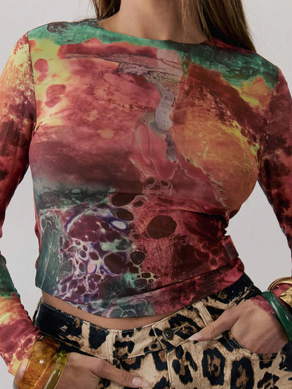 Mesh Tie Dye Sheer Top