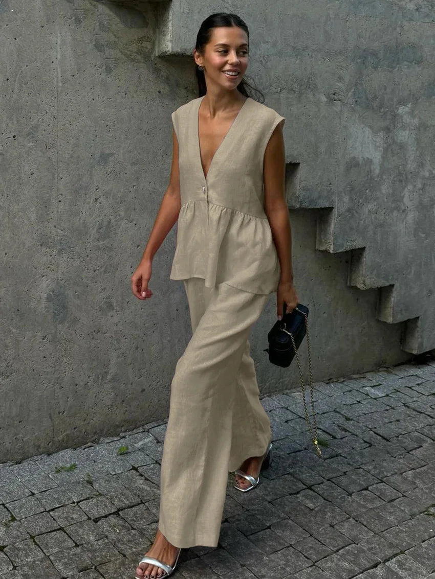 Pink Cotton Linen Ruffles Two Piece Pants Set