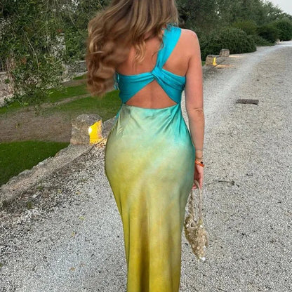 Satin Tie Dye Asymmetric Off Shoulder Midi Dress