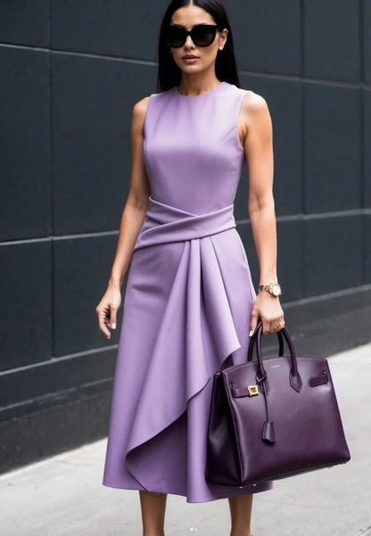 Solid Waisted Sleeveless Asymmetrical Long Work Dress