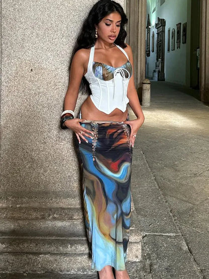 Lace-up Print Maxi Skirt Knit Set