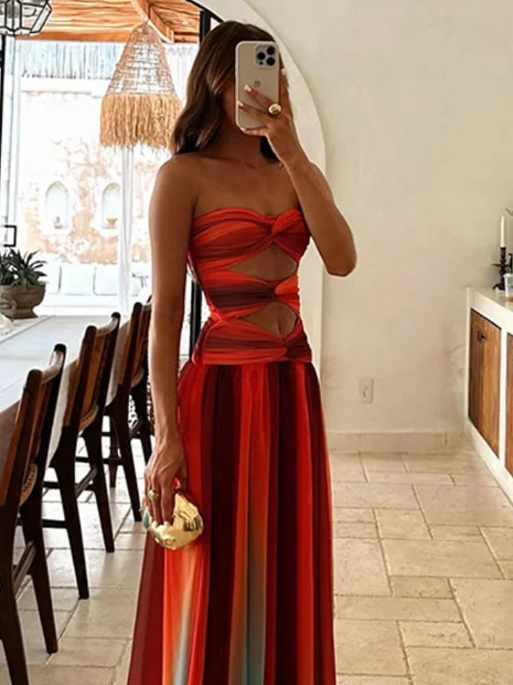 Gradient Hollow Pleated Maxi Dress