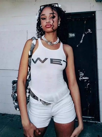 Sleeveless Letter Print Rave Sheer Top