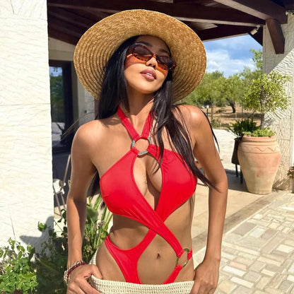 Hollow Off Shoulder Print One Piece Swimwear