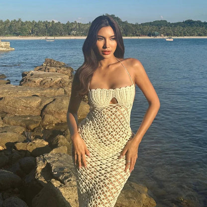 Crochet Hollow Out Halter Lace Up Midi Dress