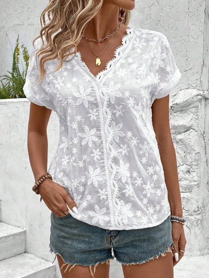 Loose White Lace V-neck Short Sleeve Blouse