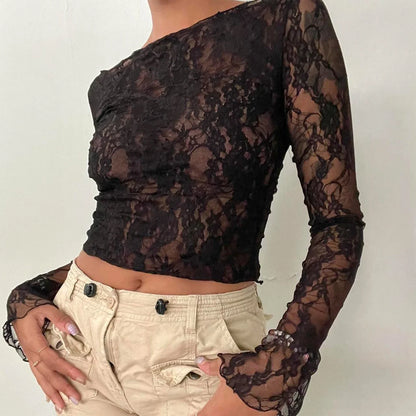 Sexy Lace Mesh Crop Sheer Top