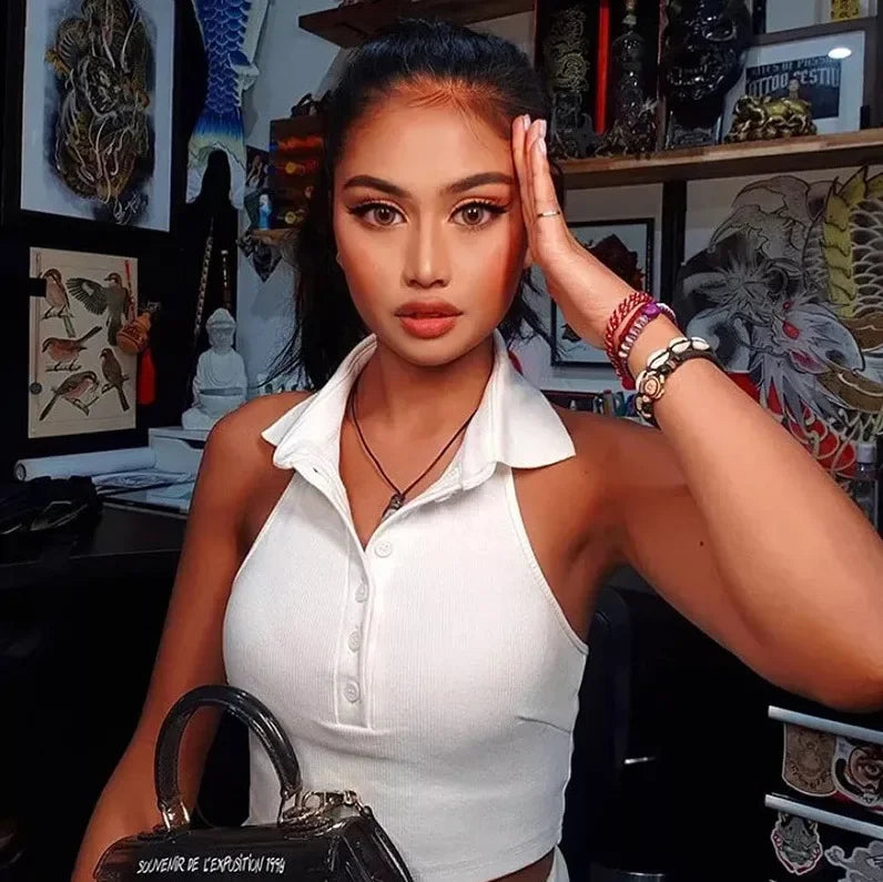 Solid Color Screw Thread Open Back Cami Top