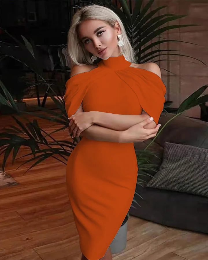 Solid Halter Off Shoulder Hip Package Bodycon Work Dress