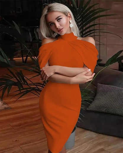 Solid Halter Off Shoulder Hip Package Bodycon Work Dress