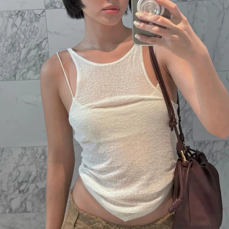 Sheer Mesh Spaghetti Strap Cami Top