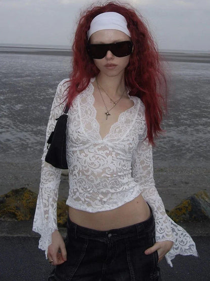 Lace Hook Flower Hollow Mesh Sheer Top