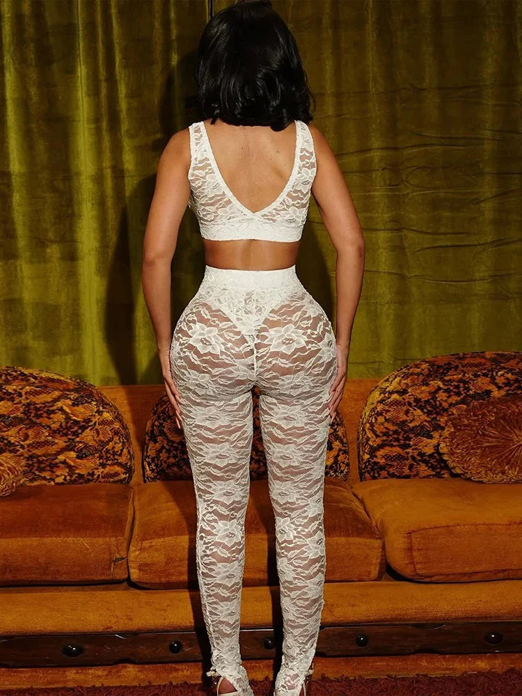 Sheer Lace Crop Pants Knit Set