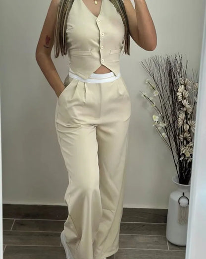 V-Neck Pocket Straight Pant Suit