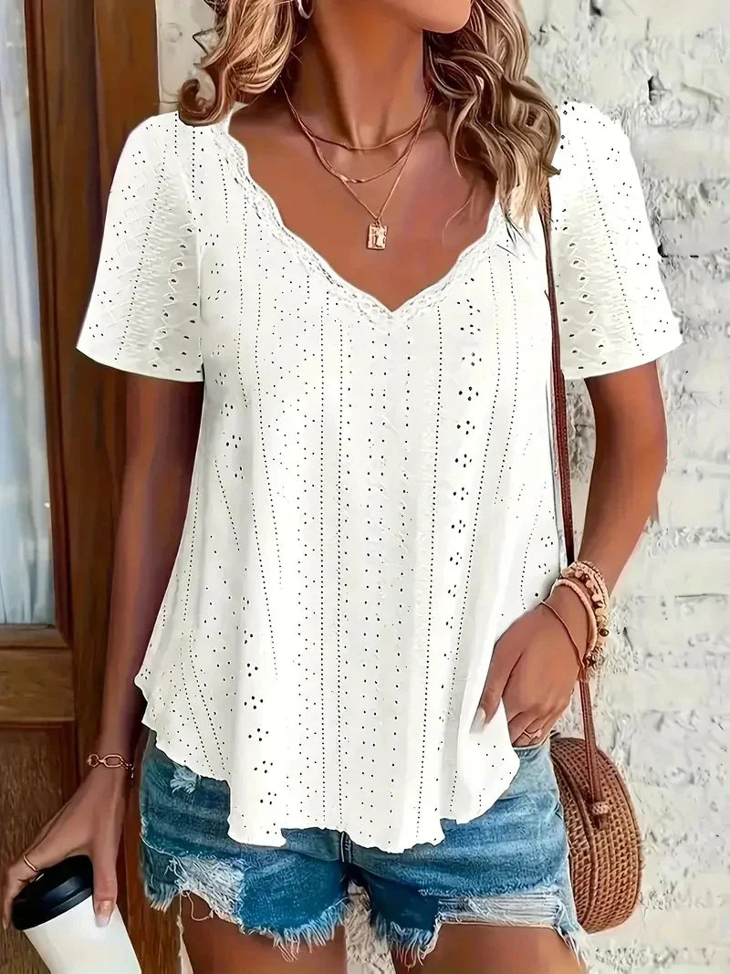 Eyelet Solid V-neck T-shirt