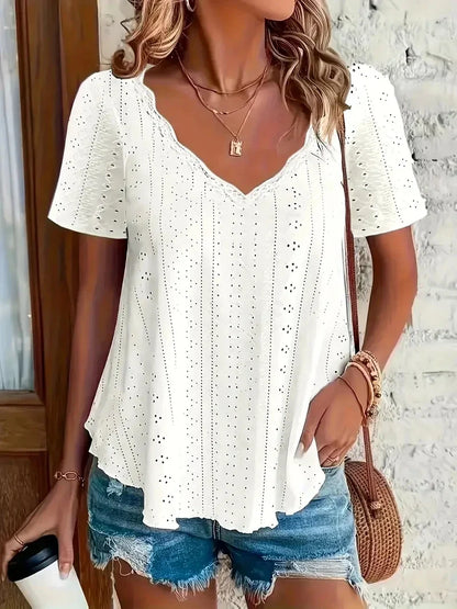 Eyelet Solid V-neck T-shirt