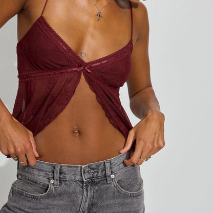 Combhasaki Fairycore Lace Mesh Trim Cami Top