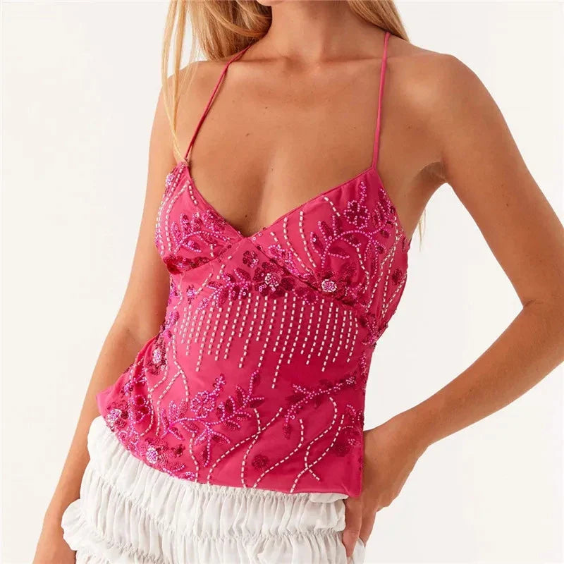 Sequin Beaded Backless Boho Halter Cami Top