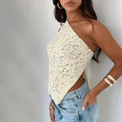 Solid Color Lace Open Waist Asymmetric Cami Top