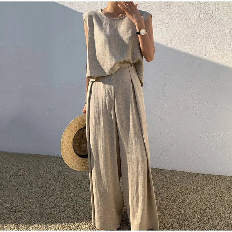 Sleeveless Wide Leg Two Piece Pants Set