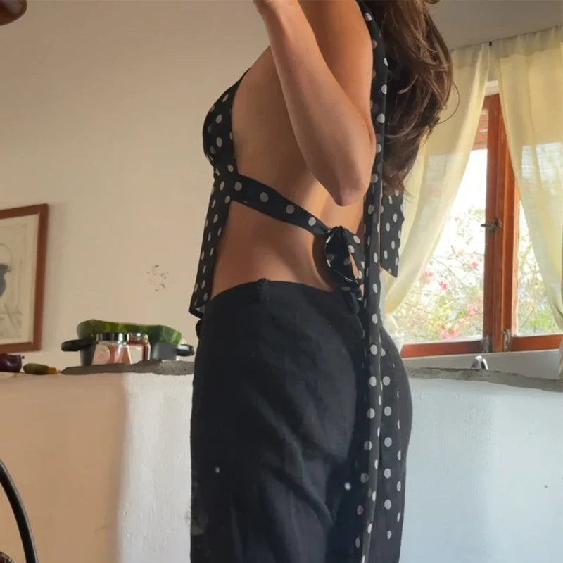 Polka Dot Scarf Sexy Backless V Neck Cami Top