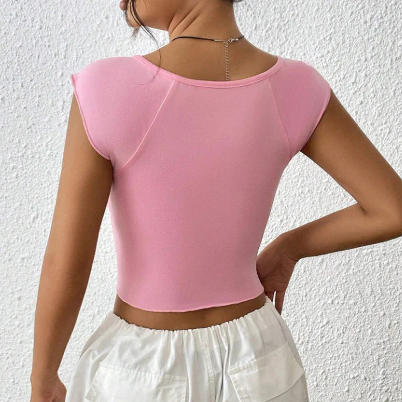 Pleated Deep V-Slit Slim Fit Crop Top