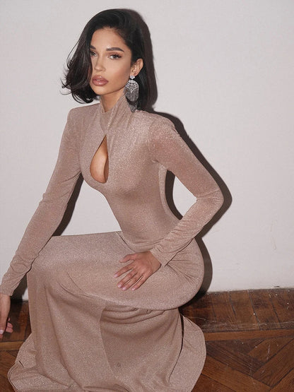 Bright Silk Turtleneck Maxi Party Dress