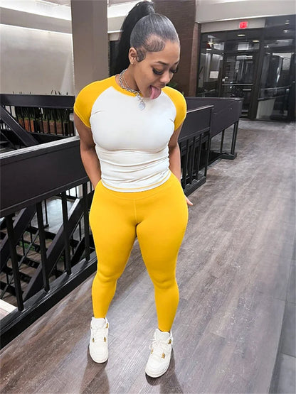 Contrast Patchwork Sport Two Piece Pants Set