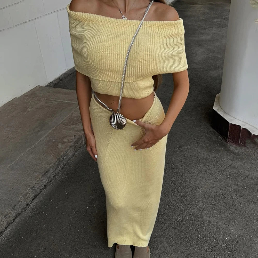 One Shoulder Slit Skirt Knit Set