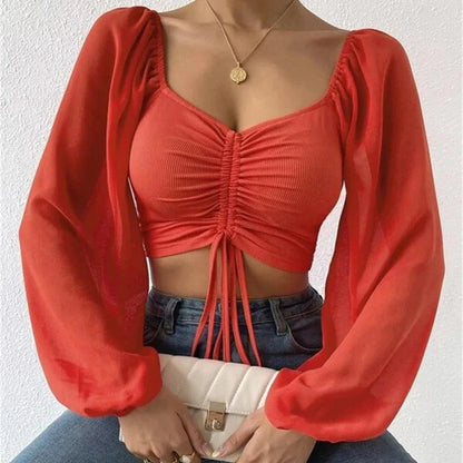 V-Neck Drawstring Bandage Sheer Top