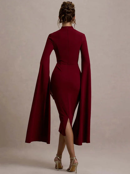 Cape Long Sleeve Back Slit Midi Dress