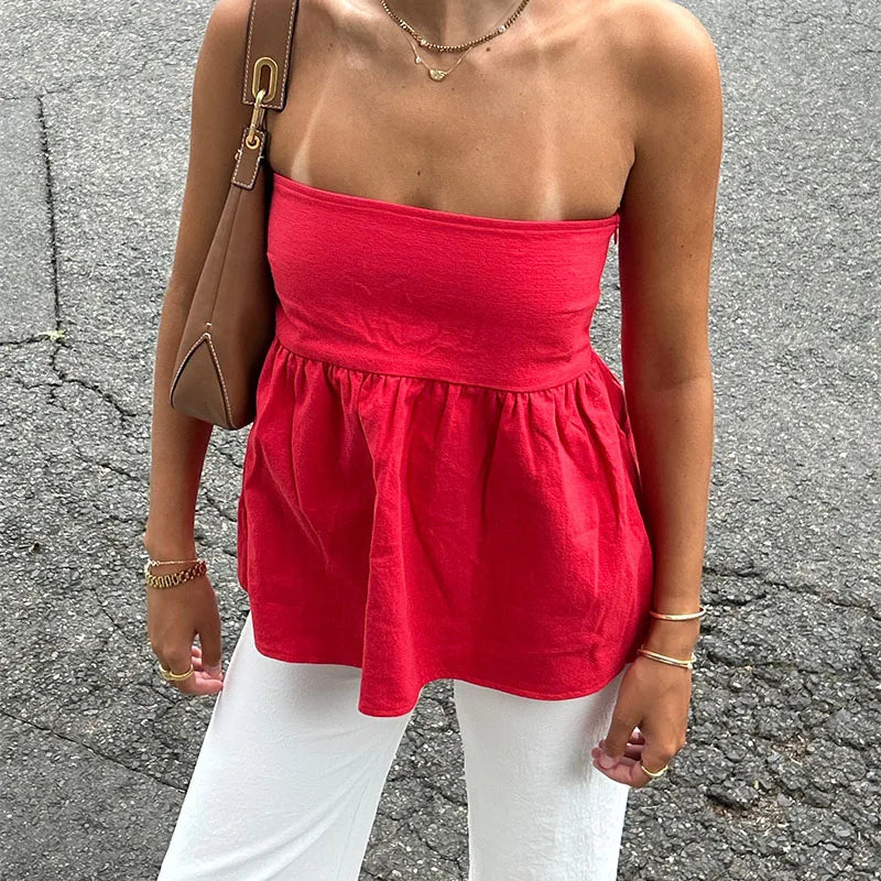 Solid Ruffles Flowy Bandeau Strapless