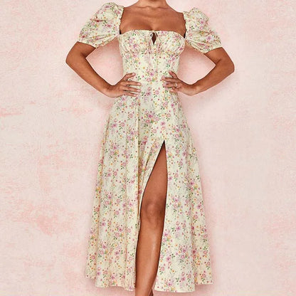 Split Short Sleeve A Line Floral Dress