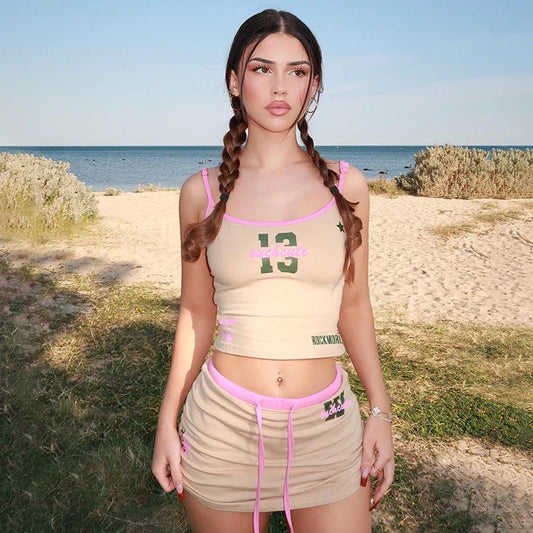 Letter Print Mini Skirt Knit Set