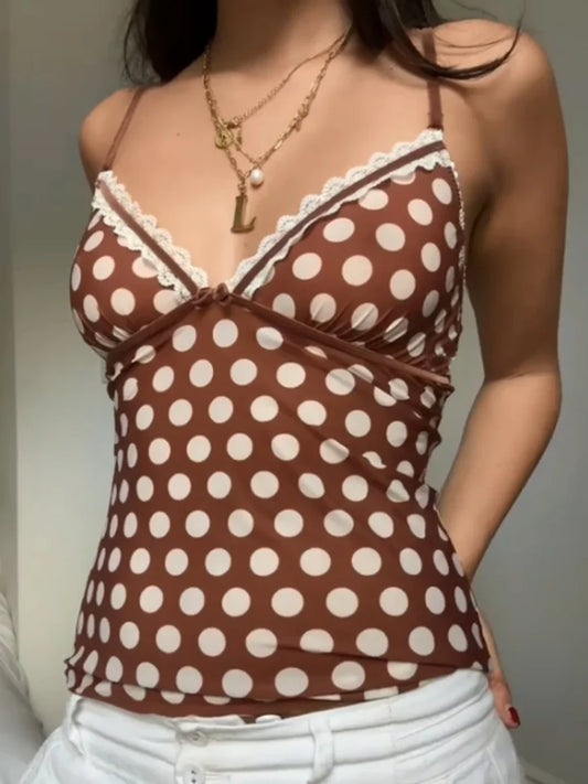 Y2K Plaid V Neck Polka Dot Backless Cami Top