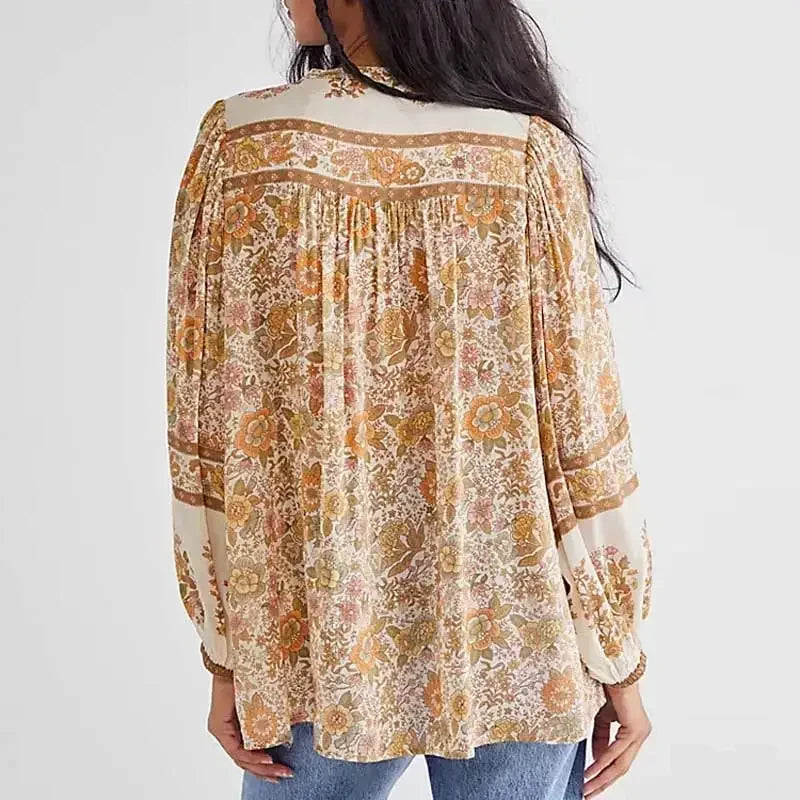 Super Chic Boho Floral Print V-neck Tassel Blouse