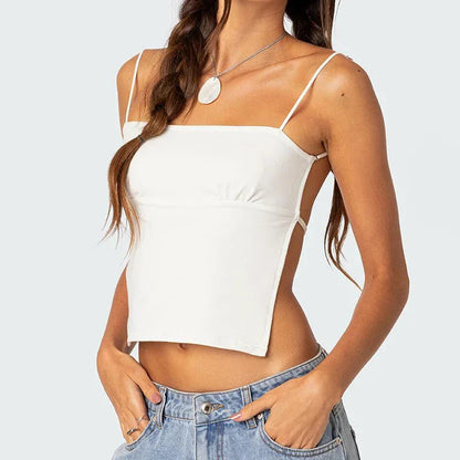 Solid Color Lace-up Backless Halter Cami Top