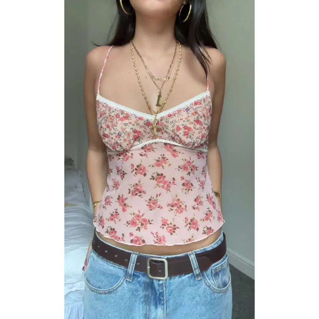 Y2K Adjustable Strap V-Neck Floral Patchwork Cami Top