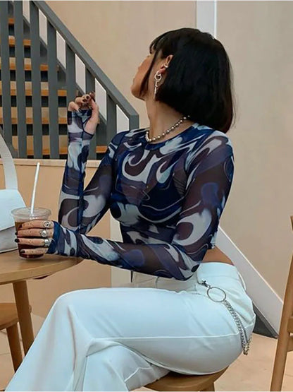 Mesh Print Long Sleeve Pullover Sheer Top