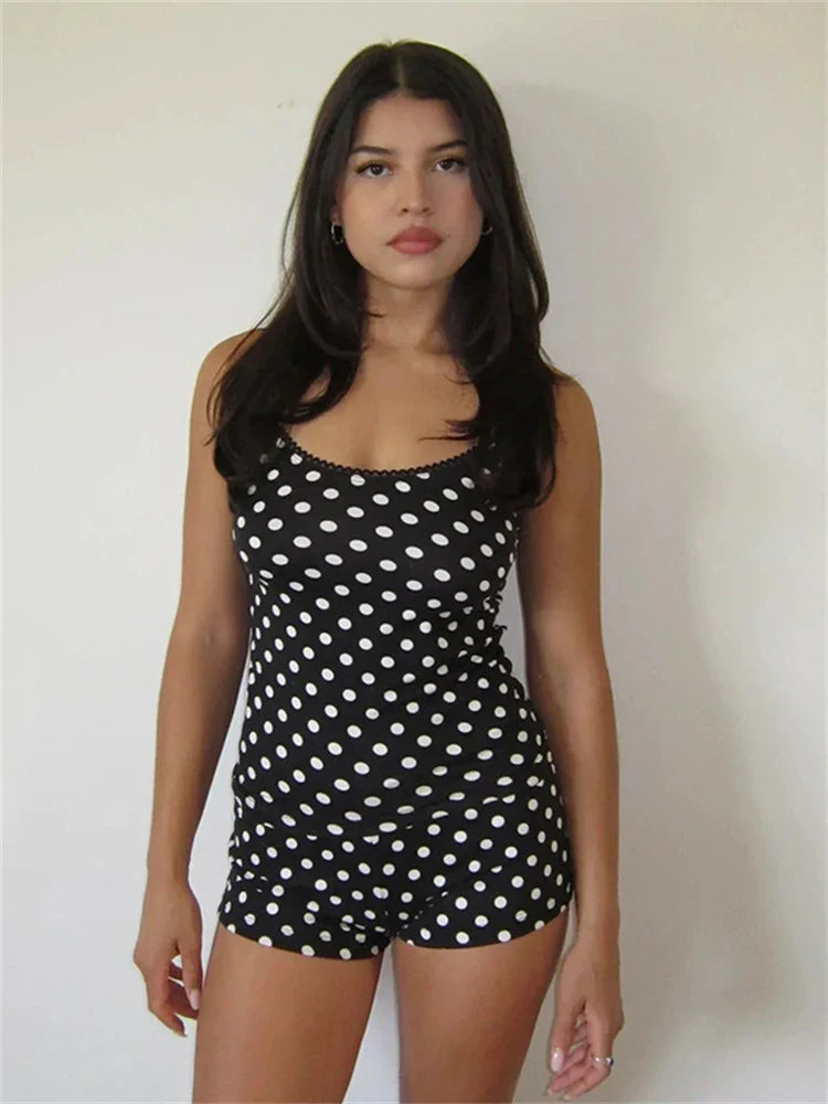 Polka Dot U-Neck Crop Tank Top Two Piece Shorts Set