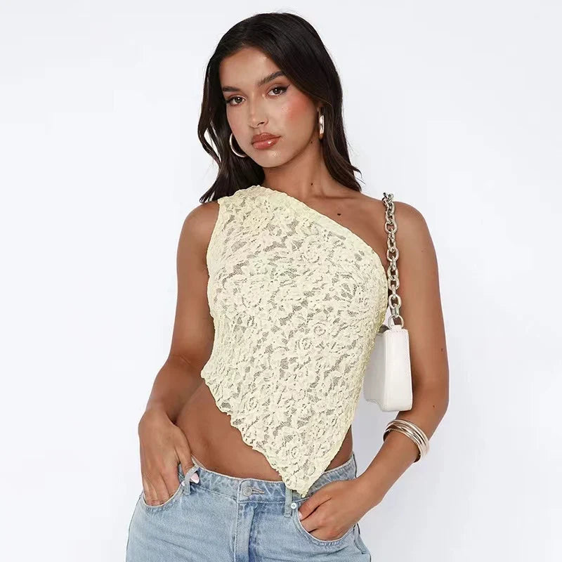 Solid Color Lace Open Waist Asymmetric Cami Top