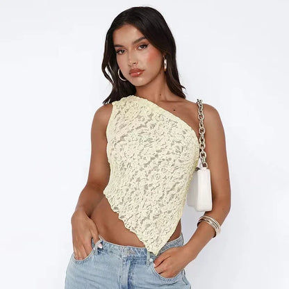 Solid Color Lace Open Waist Asymmetric Cami Top