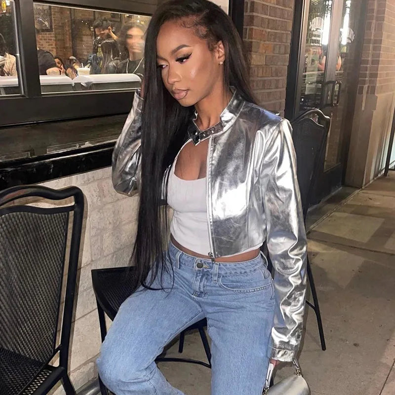 Metal Collar PU Zippered Jacket