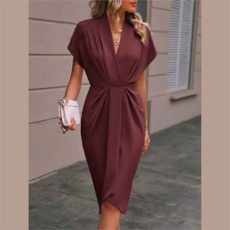 Short Sleeve Deep V Neck Draped High Waist Work Dress