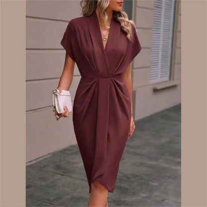 Short Sleeve Deep V Neck Draped High Waist Work Dress