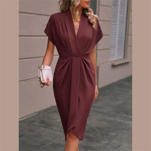 Short Sleeve Deep V Neck Draped High Waist Work Dress