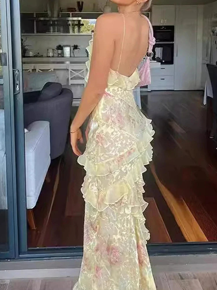 V Neck Ruffled Slim Suspender Floral Dress