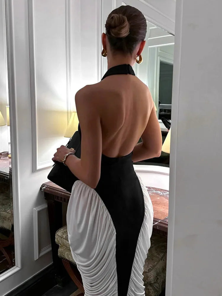 Patchwork Halter Backless Midi Dress