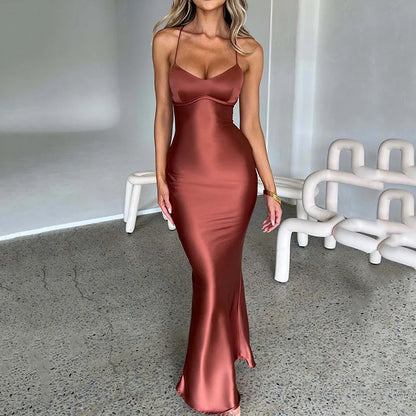 Satin Lace-up Mermaid Maxi Dress